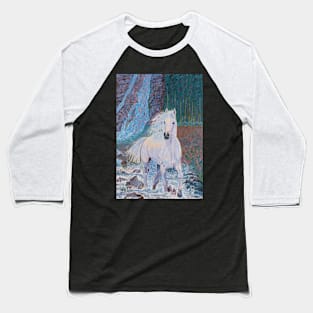 A white horse in front of a waterfall Baseball T-Shirt